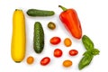 Vegetable flatlet: cucumbers, zucchini, cherry tomatoes, a sprig of basil and peppers on a white plate. Royalty Free Stock Photo