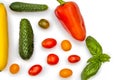 Vegetable flatlet: cucumbers, zucchini, cherry tomatoes, a sprig of basil and peppers on a white plate. Royalty Free Stock Photo