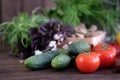 Fresh vegetables: tomatos, cucumbers, peppers, mushrooms Royalty Free Stock Photo