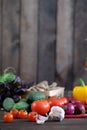 Fresh vegetables: tomatos, cucumbers, peppers, mushrooms Royalty Free Stock Photo