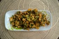 Vegetable fried tempura of `bayam brazil` or Brazillian Spinach, Poor Man Spinach. Healthy snack served on a plate