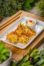 Vegetable fritters with mayonese Royalty Free Stock Photo
