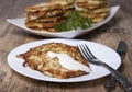 Vegetable fritters of zucchini with parsley and dill closeup . Royalty Free Stock Photo