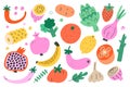 Vegetable and fruit bundle, collection of cute doodle food illustration, isolated vector art, trendy cartoon drawing of