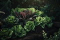 Vegetable garden in the morning light. Fresh green and red lettuce in the garden. Generative AI