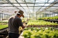 A vegetable grower works in a large industrial greenhouse growing vegetables and herbs.