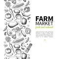 Vegetable Hand Drawn Vintage Vector Frame Illustration. Farm Market Poster. Vegetarian Set Of Organic Products.
