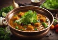 Vegetable handi made from vegetables, served on copper bowl with lettuce, spice and curry