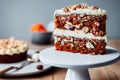 Vegetable homemade piece Carrot cake with icing cream and nuts Royalty Free Stock Photo