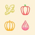 Vegetable icon set collection ginger paprika pumpkin onion white isolated background with stroke color outline style Royalty Free Stock Photo