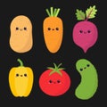 Vegetable icon set. Cute cartoon kawaii character with smiling face, eyes. Carrot root, beet, potato, pepper, tomato, cucumber. Royalty Free Stock Photo