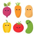 Vegetable icon set. Cute cartoon kawaii character with smiling face, eyes. Root, beet, carrot, potato, pepper, tomato, cucumber. Royalty Free Stock Photo