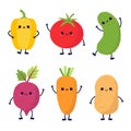 Vegetable icon set. Root, beet, pepper tomato, carrot, potato cucumber. Cute cartoon kawaii character. Smiling face eyes, hands Royalty Free Stock Photo