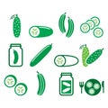 Cucumber, pickled, cucumber slices - healthy food vector icons set, green vegetable pictograms