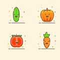 Egetable icons set collection cucumber pumpkin tomato carrot cute mascot face emotion happy with color flat cartoon