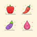 Vegetable icons set collection paprika chili eggplant onion cute mascot face emotion happy with color flat cartoon