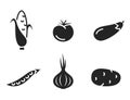 vegetable icons. tomato, eggplant, potato, peas, onion and corn. harvest and agriculture symbols