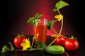 Vegetable juice and a glass full of tomato juice. Tomatoes and cucumbers lie on a black reflective table with a dark background Royalty Free Stock Photo