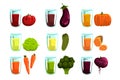 Vegetable juices set, carrot, broccoli, , eggplant, zucchini, tomato, cucumber, beetroot and pumpkin drinks for a Royalty Free Stock Photo