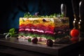 Vegetable layered layered salad with beetroot, beetroot, radish and arugula, Generative AI