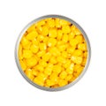 Sweet corn kernels, canned yellow vegetable maize, in an opened can