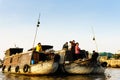 Vietnam action: Vegetable market on the river in western of Viet Nam