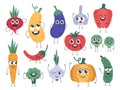 Vegetable mascots. Happy carrot, cute cucumber and pumpkin characters, funny vegetarian food mascot, comic veggies