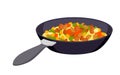 Vegetable and meat stir fry in frying pan, metal skillet with handle and hot meal