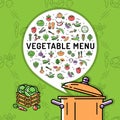 Vegetable menu card. Vegetables thin line icons, cooking pot, pan