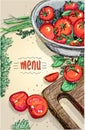 Vegetable menu graphic illustration with tomatoes and cutting board