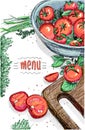 Vegetable menu, hand drawn graphic illustration with tomatoes