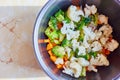 Vegetable mix of broccoli, cauliflower and carrots in a pan. Healthy food. Cooking soup. Royalty Free Stock Photo