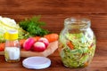 Vegetable mixed salad in a jar. Salad prepared of radish, carrots, cabbage, olive oil, salt and dill Royalty Free Stock Photo