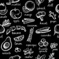 Vegetable, nuts and greens chalkboard graphic pattern