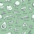 Vegetable, nuts and greens graphic sketch pattern