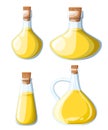 Vegetable oil assorted bottles set. Olive oil, sunflower corn soybean illustration. Cooking spicy ingredient Web site page