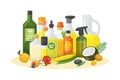 Vegetable oil bottle for organic food, virgin olive oil glass at kitchen, vector illustration. Healthy cooking for