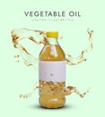Vegetable oil. Bottle with yellow liquid, realistic splashes around