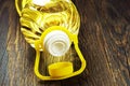 Vegetable oil in plastic bottle closeup Royalty Free Stock Photo