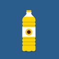 Vegetable oil in a plastic bottle isolated on blue background. Cartoon vector cooking oil. Food fat bottle. Cooking oil