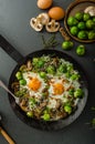 Vegetable omelet with bulls eye egg and sprouts Royalty Free Stock Photo