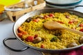 Vegetable paella cooked in a frying pan close-up Royalty Free Stock Photo