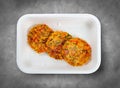 Vegetable pancakes. Healthy diet. Takeaway food. Ecological packaging. Top view, on a gray background