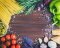 Vegetable pasta ingredients: spaghetti, peppers, tomatoes, basil Royalty Free Stock Photo