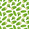 Vegetable pattern with composition broccoli, cucumber element. Perfect for food background, wallpaper, textile. Vector