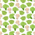 Vegetable pattern with composition broccoli, mushrooms, cabbage element. Perfect for food background, wallpaper, textile. Vector