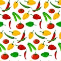 Vegetable pattern. Red, yellow, green peppers, tomatoes and cucumbers. Chilli.