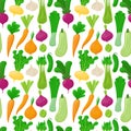 Vegetable pattern. Seamless print of cartoon zucchini onion celery carrot garlic cucumber. Vector texture of vegan food