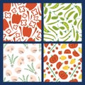 Vegetable pattern set. Flat hand drawn seamless prints for market, cafe or kitchen.