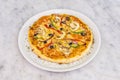 Vegetable pizza for one person with mushrooms, roasted tomato, green and red peppers, red onion, black olives and wheat dough Royalty Free Stock Photo